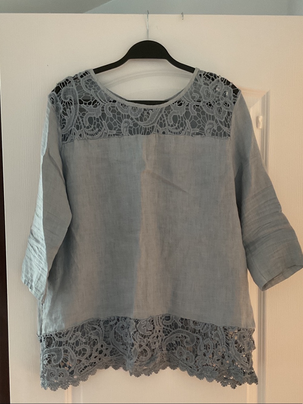 Women's Light Blue Lace-Trim Linen Top
